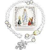 SUTANALE Catholic Rosary Necklace for Women with 8MM Glass Pearl Beads - Our Lady of Lourdes & Immaculate Heart of Mary Jewelry Gift, Travel Case, First Communion