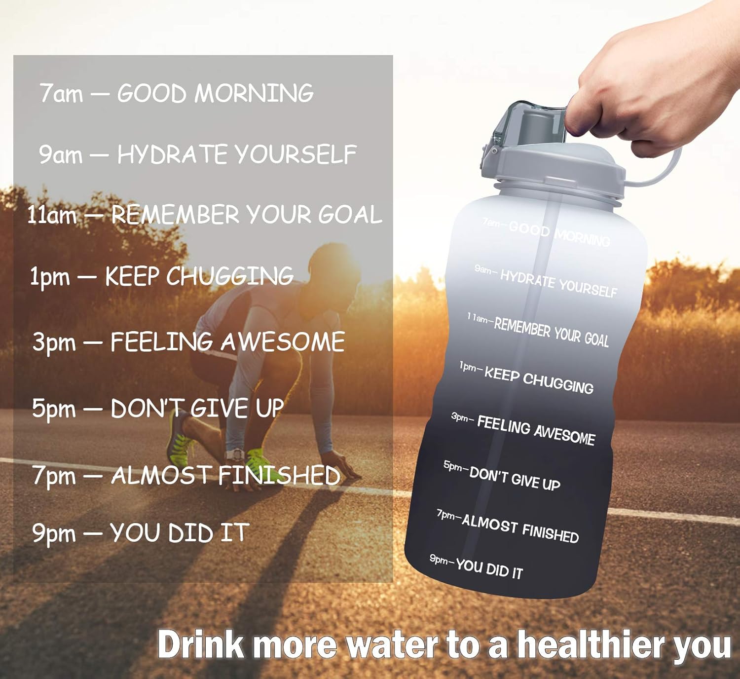 Giotto Large 1 Gallon/128oz (When Full) Motivational Water Bottle with Time Marker & Straw, Leakproof Tritan BPA Free for Fitness, Gym and Outdoor Sports-White/Gray Gradient : Sports & Outdoors
