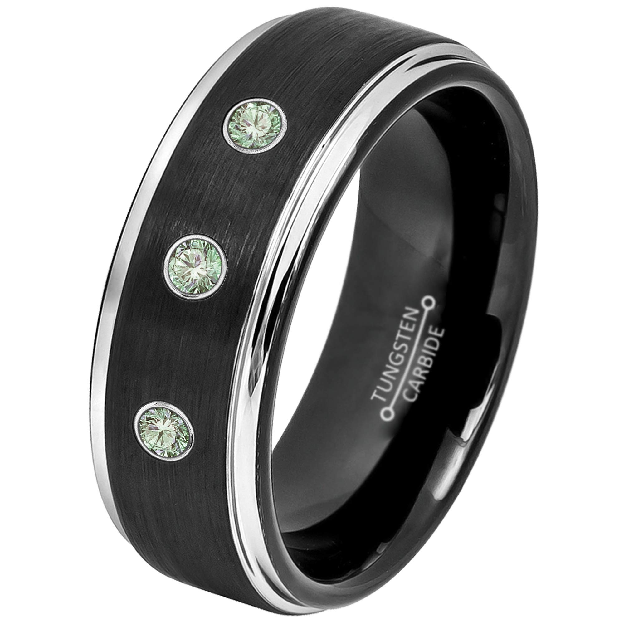 0.21ct Alexandrite 3-Stone Tungsten Ring - June Birthstone - 8MM Two-Tone Black-Plated Brushed Finis