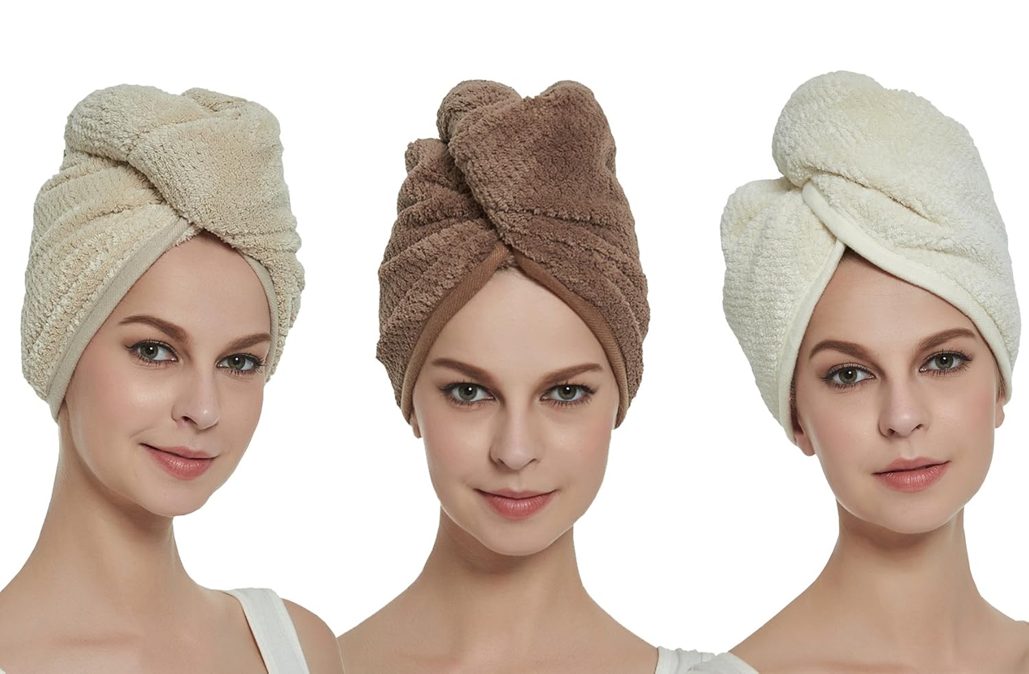 HOPESHINE Women's Soft Shower Hair Drying Towels Twist Hair Turban Wrap Drying Cap Great Gift for Women (Brown+Khaki+Off White) : Beauty