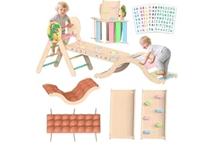 Acenova Pikler Triangle Climbing Set with Cushion and DIY Name Stickers, Montessori Wooden Climbing Gym for Toddlers 1-3, Indoor Jungle Gym, Dinosaur Pikler Triangle Arch Ramp Climber Toy