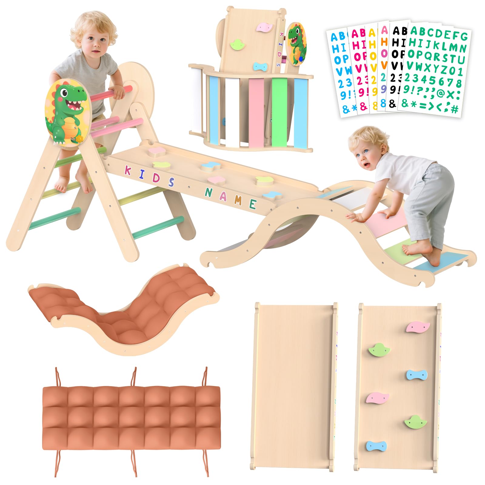 Acenova Pikler Triangle Climbing Set with Cushion and DIY Name Stickers, Montessori Wooden Climbing Gym for Toddlers 1-3, Indoor Jungle Gym, Dinosaur Pikler Triangle Arch Ramp Climber Toy
