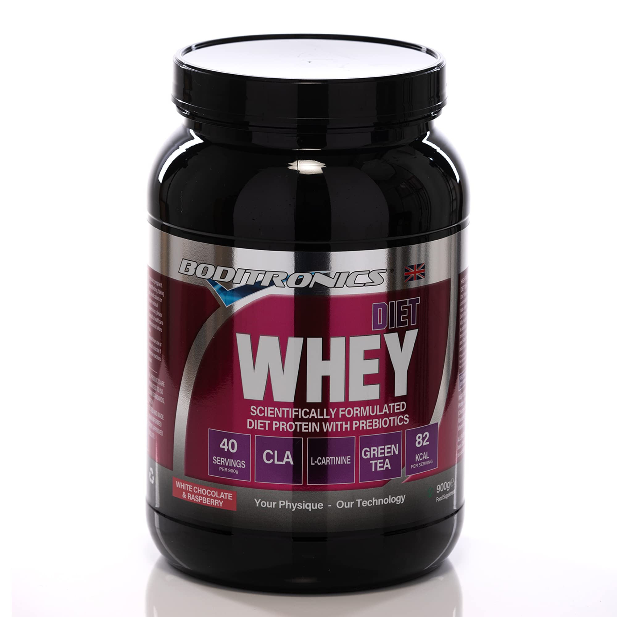 Boditronics Diet Whey Protein Powder with High Protein Blend and High doses of CLA, Vitamins C & E for Lean whey Protein Shake Powder (White Chocolate and Raspberry, 900g)