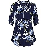 BEPEI Womens Floral 3/4 Sleeve Shirts Zip up V Neck Work Chiffon Blouses Top