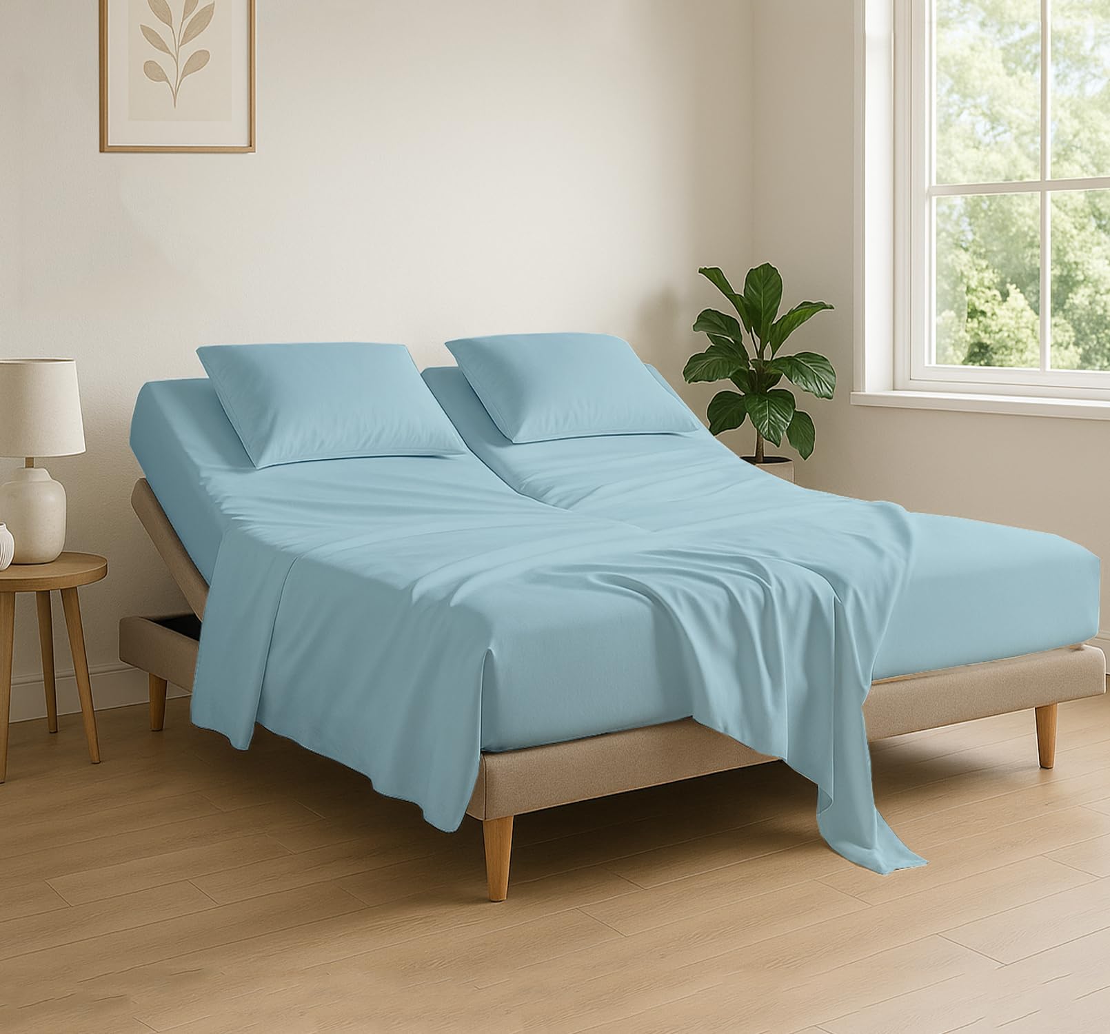 Photo 1 of Cottingon 4 Piece Flex Head King Sheet Set, Top 34 Inch Split Sheets for Sleep Number Adjustable Beds, Soft Breathable 100% Egyptian Cotton, Fits Upto 16" Deep Mattress 78"X80"+ 34", Light Blue