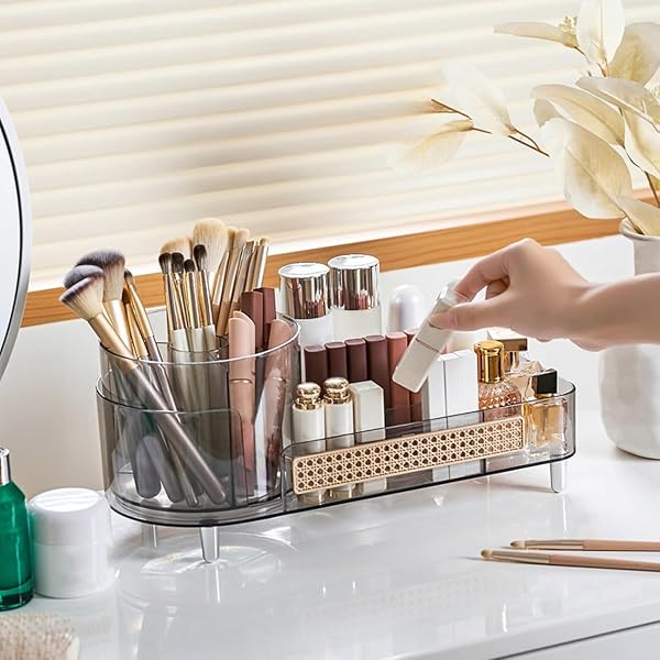 BOOKLOV ROTATING MAKEUP ORGANIZER FOR VANITY, LARGE CAPACITY COSMETIC DISPLAY CASE, CLEAR ACRYLIC COUNTERTOP BEAUTY STORAGE HOLDER FOR SKINCARE, BRUSH EYELINER LIPSTICK, COUNTER TABLE, CRYSTAL BLACK