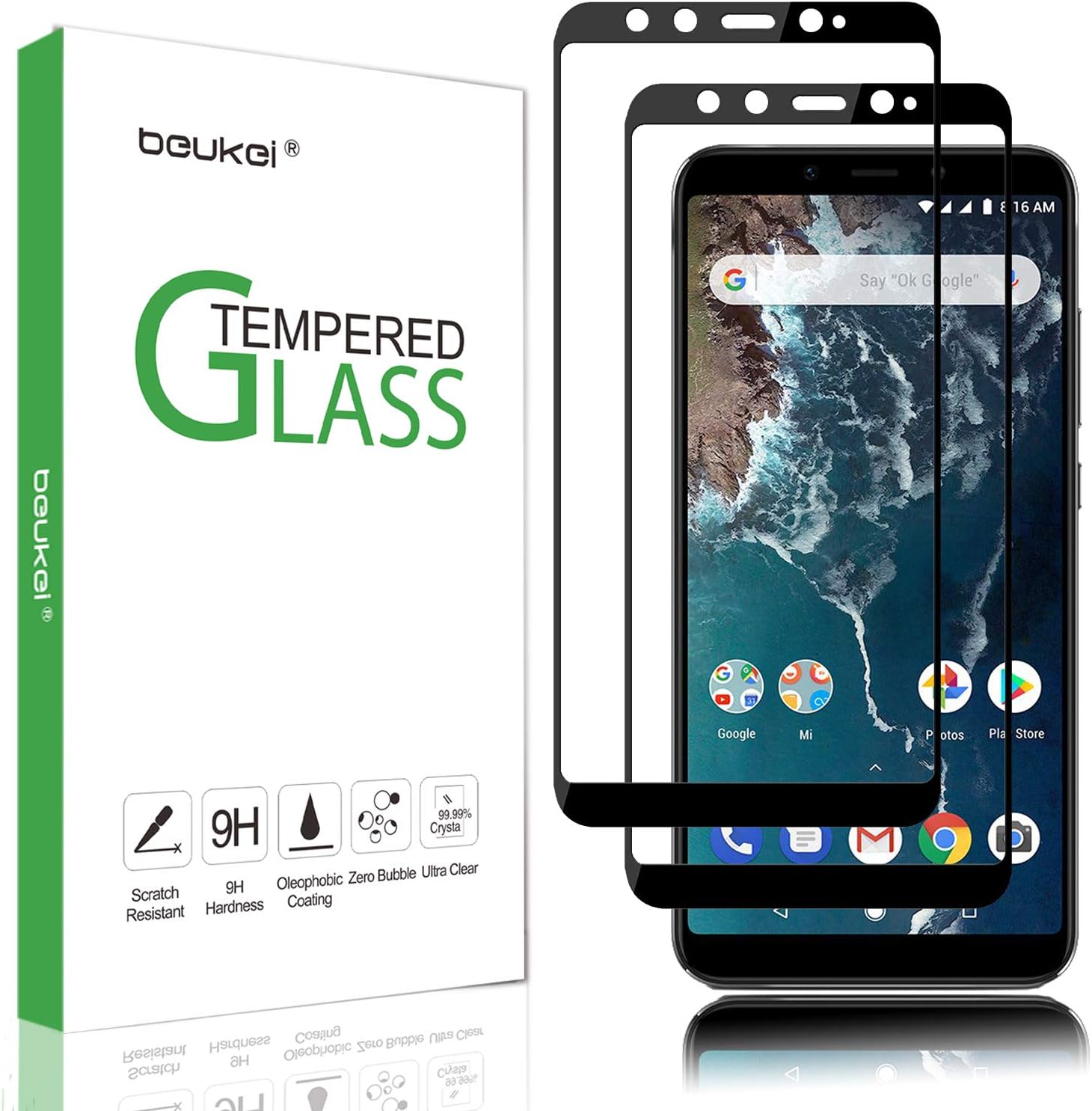 (2 Pack) Beukei for Xiaomi Mi A2 and Xiaomi Mi 6X Screen Protector Tempered Glass, Full Screen Coverage, Anti Scratch, Bubble Free