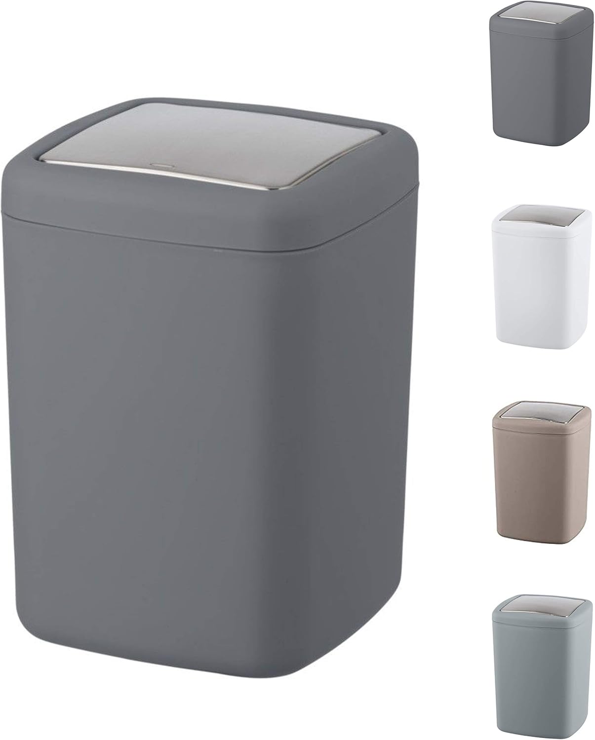 WK Barcelona Square Small Swing Waste/Bathroom/Cosmetics/Table Top Bin (Dark Grey, 3LTR) BigaMart