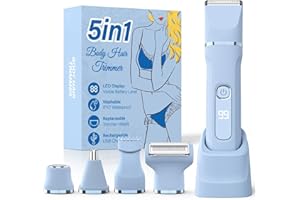 HOHOLE Bikini Trimmer for Women,5-in-1 Electric Razors for Women,Electric Shaver for Women's,IPX7 Waterproof Trimmer for Men Legs,with 5 Replaceable Blade Heads,USB Recharge Dock（Blue）