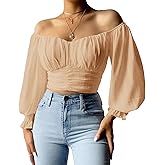 MIRACMODA Woman Off Shoulder Ruched Tie Back Lantern Sleeve Crop Tube Top Chiffon Blouse