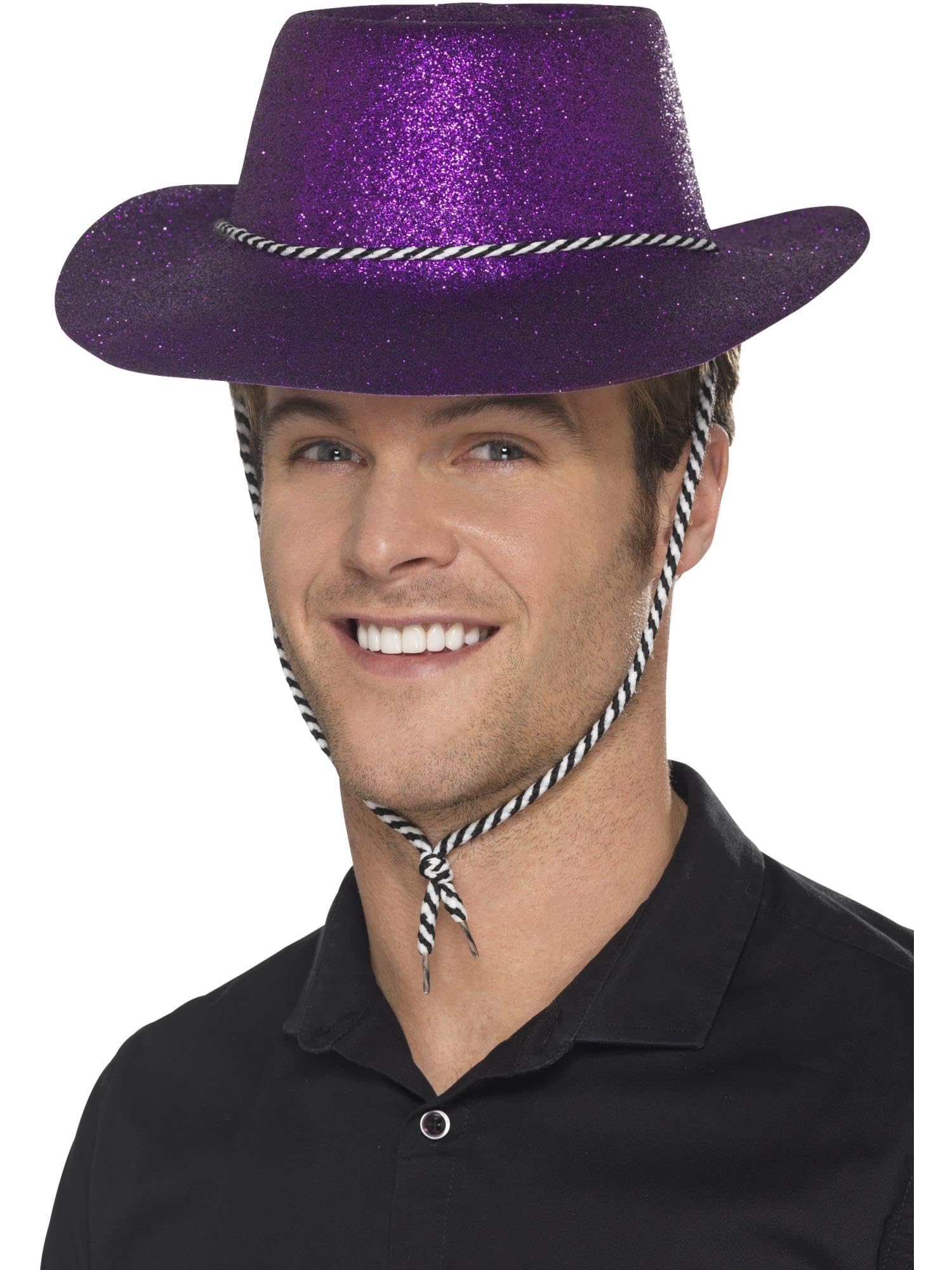 Smiffys Cowboy Glitter Hat, Purple with Chord, Party & Carnival Fancy Dress, Adult Dress Up Hats