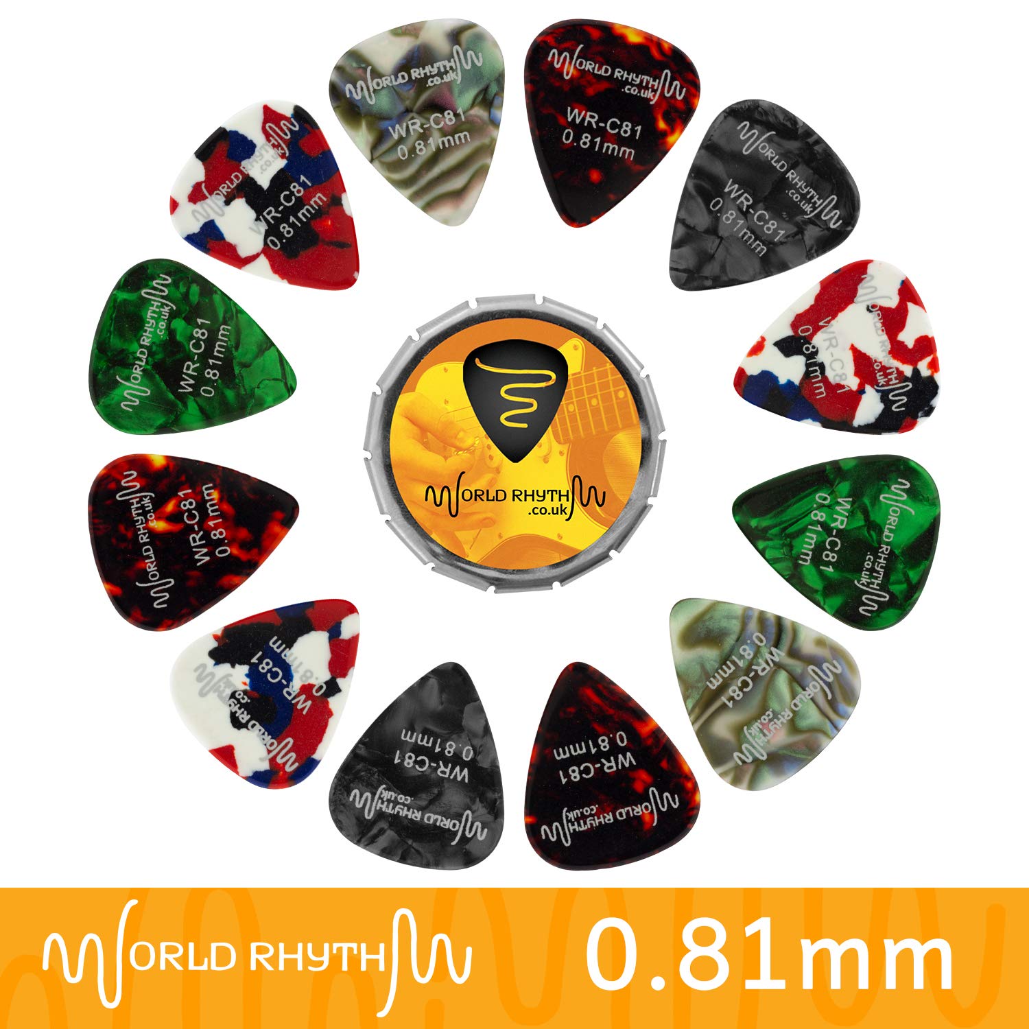 World Rhythm WR-C81 Guitar Picks with Storage Tin - 12 0.81mm Celluloid Guitar Plectrums