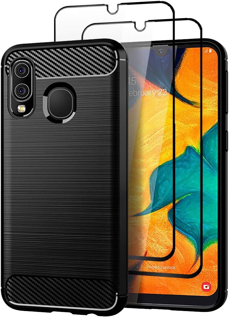 Teayoha Case for Samsung Galaxy A40, with Tempered Glass Screen Protector [2 Pack], Carbon Fiber Scratch Resistant, Shock Absorption Soft TPU Drawing Protective Cases Cover - Black