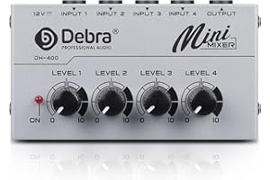 D Debra DH-400 Audio Mixer 4-Channel Line Mixer for Sub-Mixing, Ultra Low-Noise Mini Mixer for Microphones, Guitars, Bass, Keyboards, and Stage Sub Mixing - Perfect for Small Clubs and Bars (Silver)