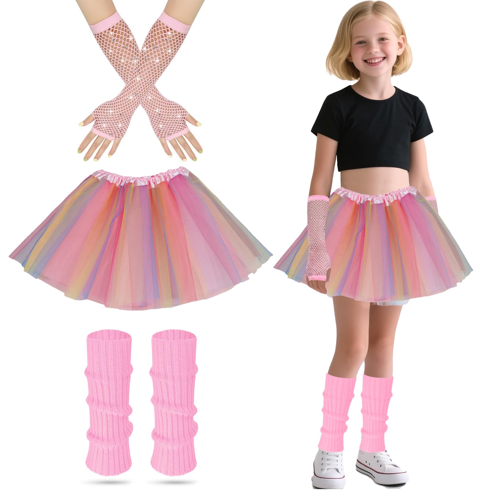 80s Fancy Dress for Kids Rockstar Costume, 80s Outfits Kids Neon Tutu Set Girls Leg Warmers Fishnets Gloves and Fancy Dress Tutu for 1980s Theme Party Disco Party Costume Carnival Gathering (Pink) โ image 1