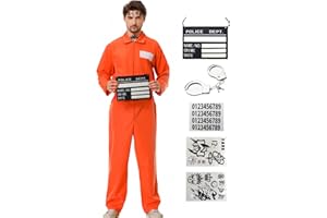 Deaboat Prisoner Jumpsuit Men Halloween Costume Orange Prison Inmate Outfit Adult Jail Uniform 6pcs