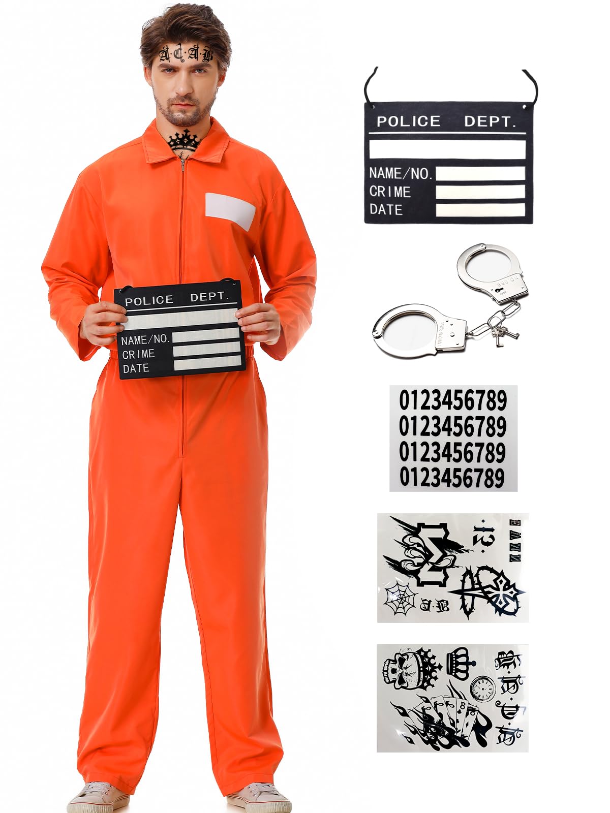 Photo 1 of Deaboat Prisoner Jumpsuit Orange Prison Inmate Halloween Costume Men Criminal Jail Costume For Adult One Piece Jumpsuit 6pcs M