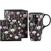 Topadorn Reusable 17 Oz Ceramic Travel Mug with Lid and Handle, Ceramic Coffee Mug with Color Box for Coffee Lovers, Microwave & Dishwasher Safe, Black Flower