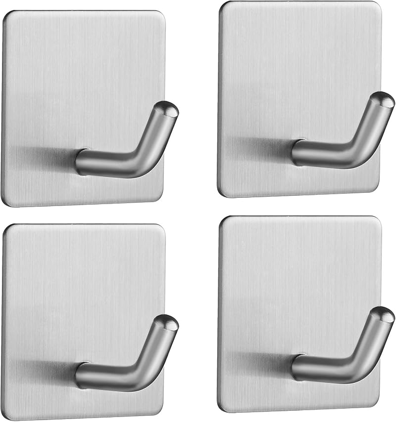 JS Self Adhesive Hooks Stainless Steel 4 Pack - No Drill Towel Robe Coat Holder