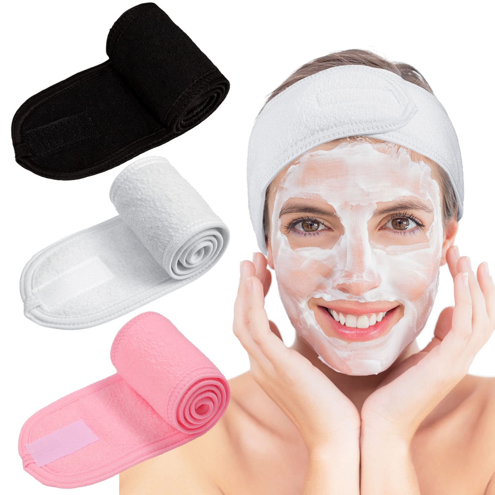 Whaline Spa Facial Headband Make Up Wrap Head Terry Cloth Headband Stretch Towel with Magic Tape, 3 Pieces (White, Black, Pink)