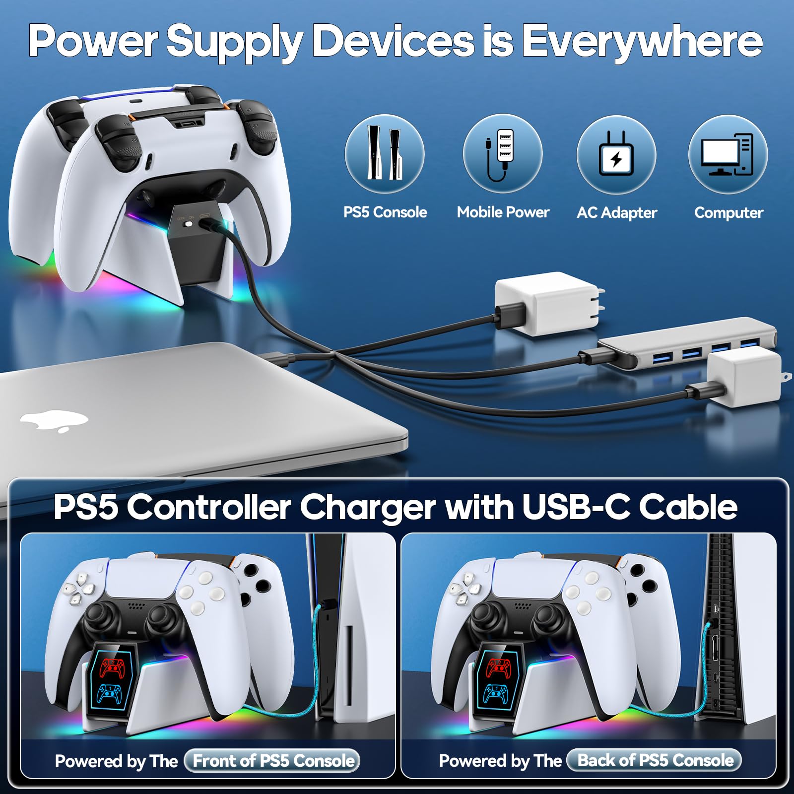 Tokluck PS5 Controller Ladestation, RGB PS5 Zubehör Ladestationen für PS5 Controller & Edge Controller, PS5 Charging Station Schnellladung für PlayStation 5 Dualsense 3