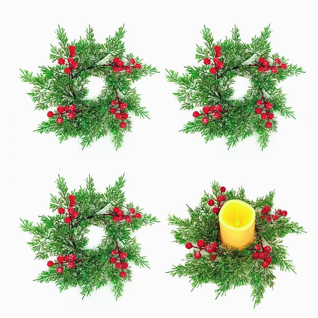 Photo 1 of 4Pcs Mini Christmas Candle Rings Wreaths, 10Inch Christmas Pine Kitchen Cabinet Candle Holder with Red Berries for Table Cenderpiece Chair Wall Window Decor