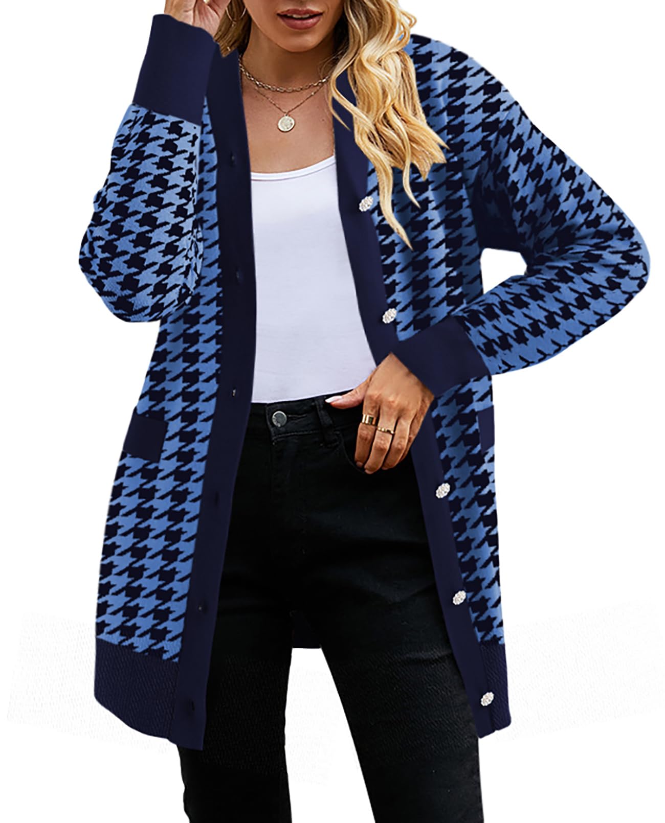Photo 1 of 2024 Fall Casual Long Cardigan for Women Houndstooth Long Sleeve Open Front Button Down V Neck Cardigans Sweater Dress Blue XL