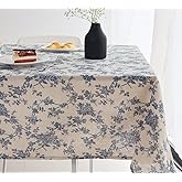 Wracra Cotton Linen Vintage Rectangle Tablecloth Pastoral Floral Rustic Table Cloth Washable Table Cover for Indoor&Outdoor,Farmhouse Decor,Picnic,Tabletop Decoration(Blue Floral, 55"×87")