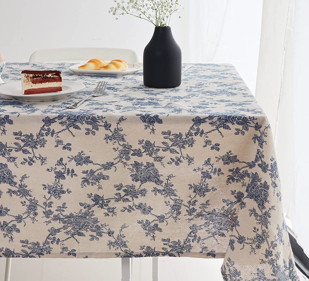 Wracra Blue Floral Pastoral Table Cloth Cotton Linen Vintage 140×300cm Rectangular Tablecloth Indoor Outdoor Table Cover Suitable for Party,Picnic,Dining,Garden(Blue Floral, 140×300cm)