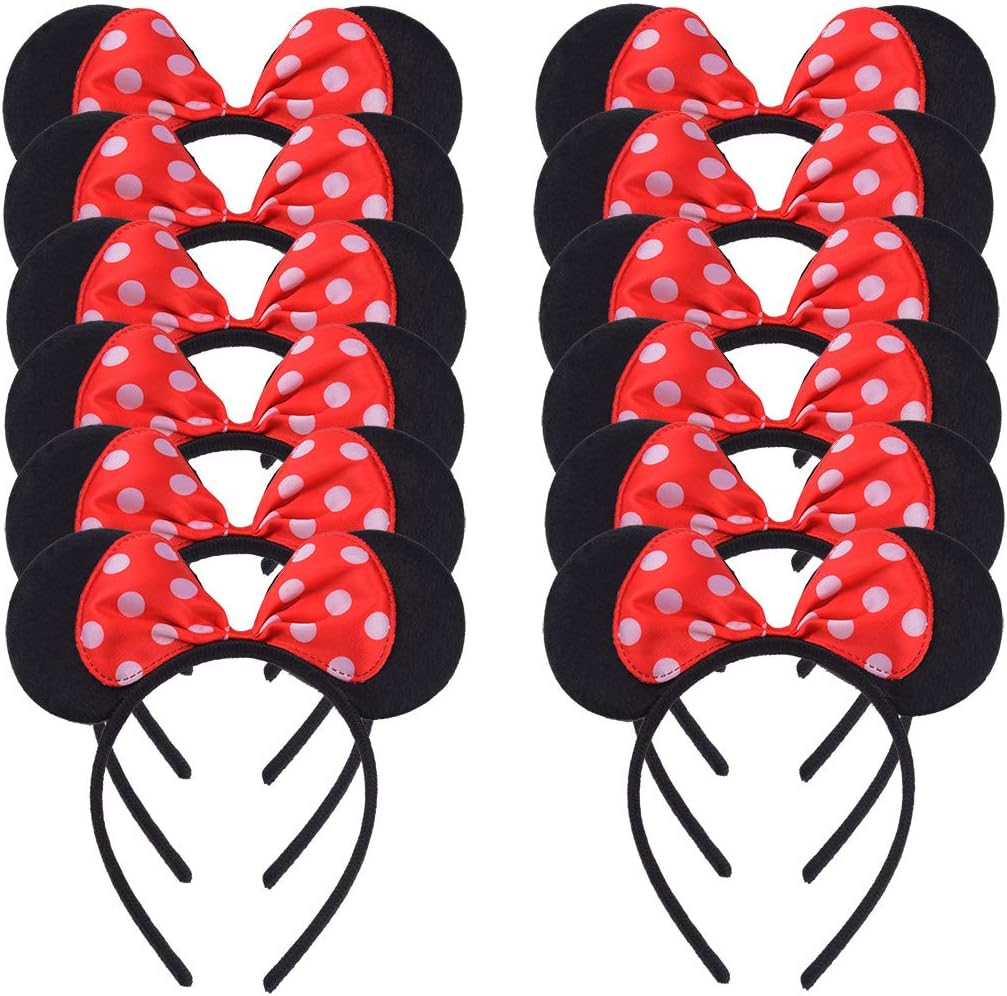 ManshuiSet of 12 Mouse Ears Headband for Boys Girls Mom Hair Accessories Baby Shower Headwear Halloween Birthday Party Decorations Costume Deluxe Fabric Ears with Dots Bow