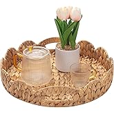 Yangqihome Round Scalloped Serving Tray, 14 inch Decorative Water Hyacinth Scalloped Basket with Built-in Handles, Round Ottoman Trays for Coffee Table for Kitchen and Living Room