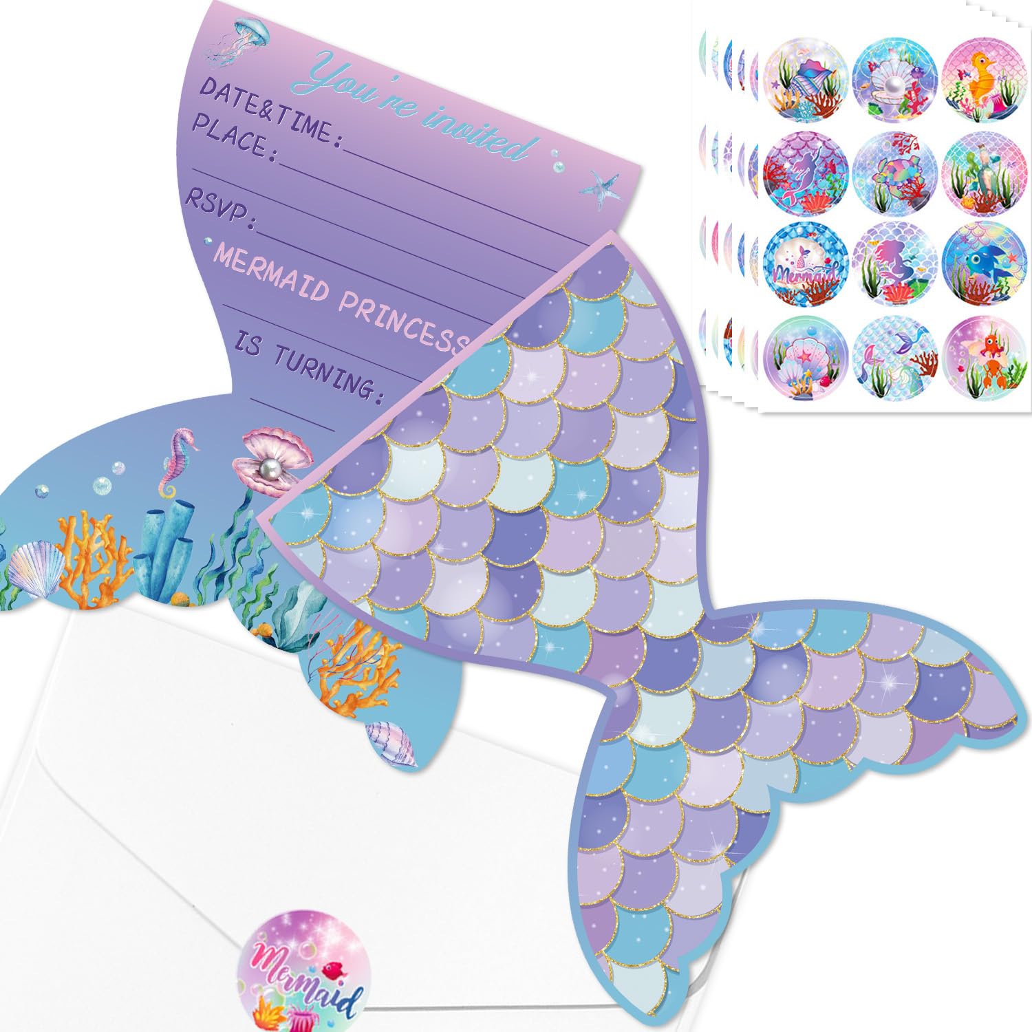 20Pcs Mermaid Birthday Invitations Sets with Envelopes and Stickers Mermaid Scale Paper Cards for Girl Baby Shower Under the Sea Mermaid Party Decorations, 17 x 12cm โ image 1