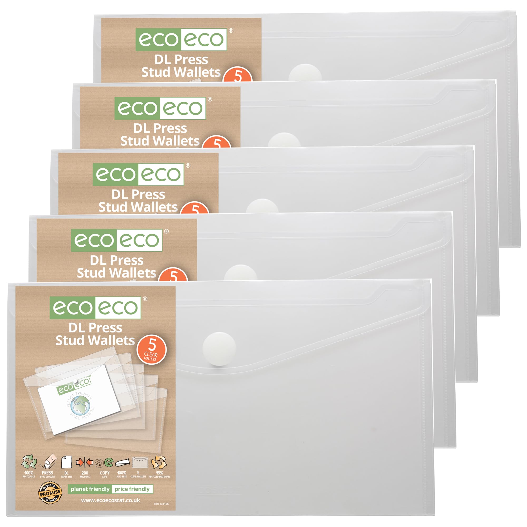 eco-eco DL 95% Recycled Clear Press Stud Popper Wallet, Plastic Folders (Pack of 25), eco156x25
