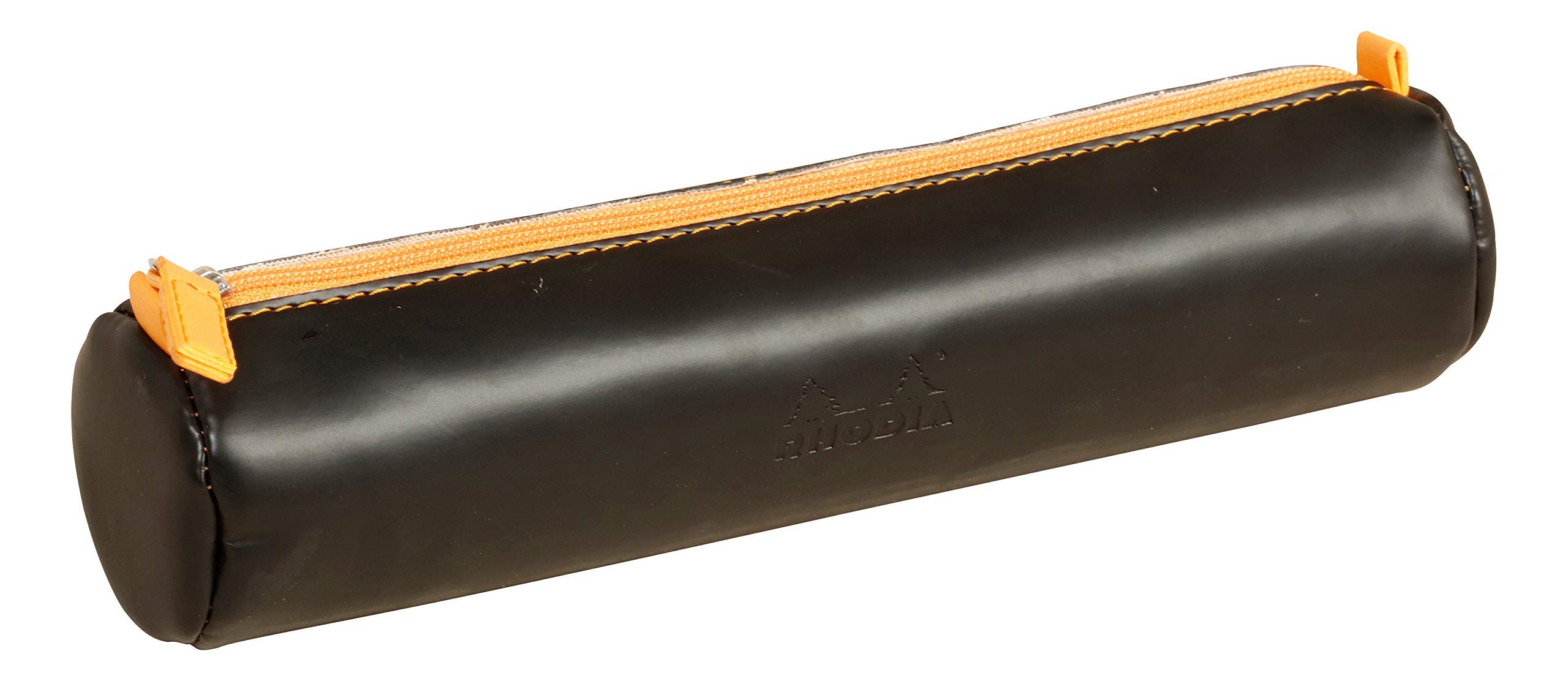 RHODIA 318892C - Rhodiarama Black Round Pencil Case - 21.5 x 5.5 cm - Genuine Orange Stitching - Ivory Jersey Interior - Faux Leather - Storage for Pens, Pencils, Markers, Small Supplies — image 1