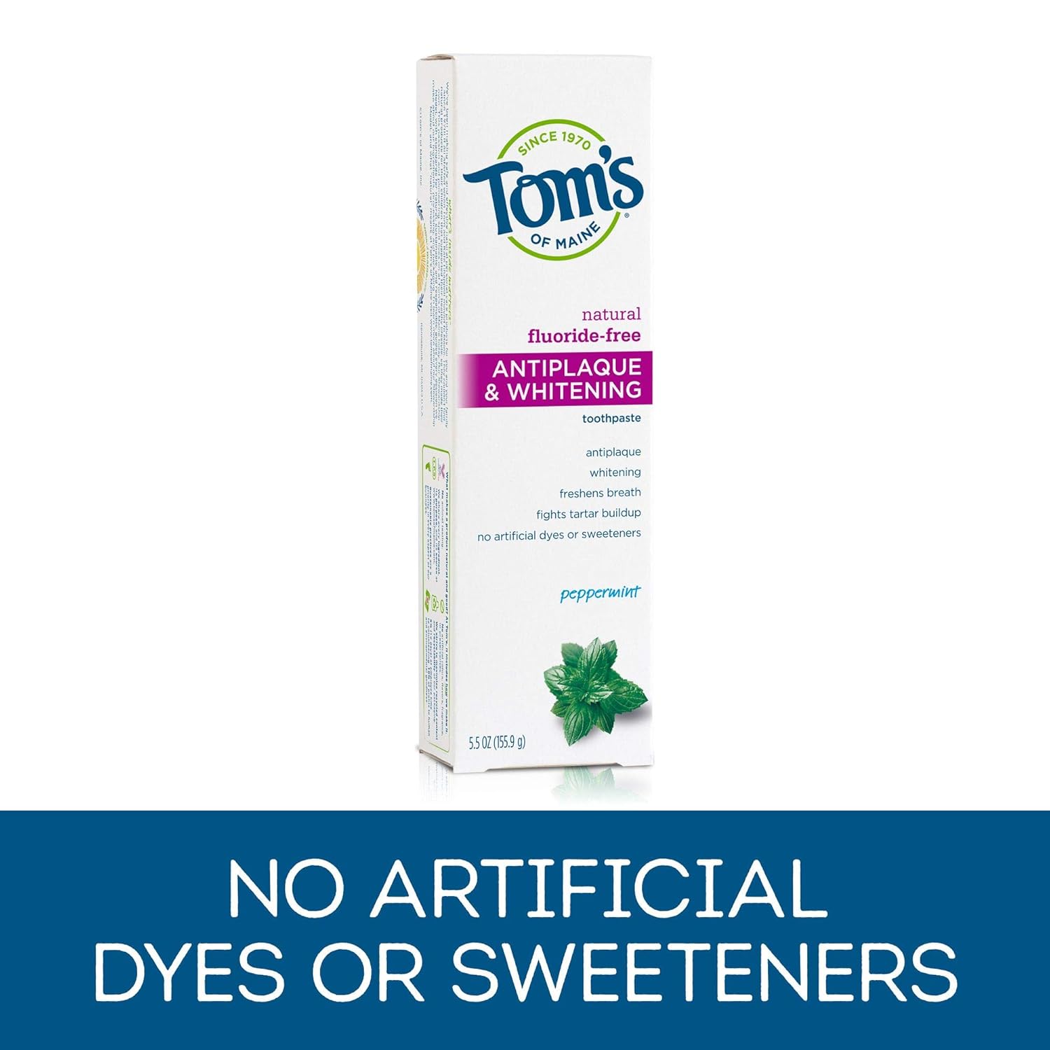 Tom's of Maine Fluoride-Free Antiplaque & Whitening Toothpaste, Whitening Toothpaste, Natural Toothpaste, Peppermint, 5.5 Ounce, 2-Pack : Beauty