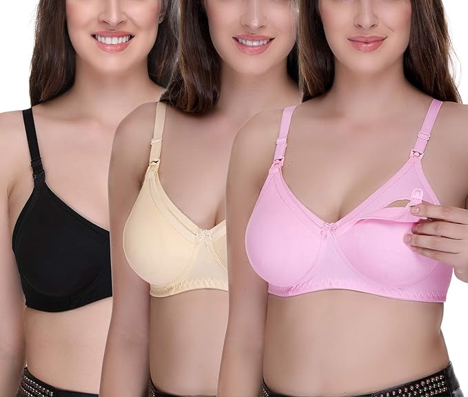 Women's Feeding Bra Full Cup Hosiery Cotton Breastfeeding Nursing Maternity (Multicoloured) Combo Pack of 3
