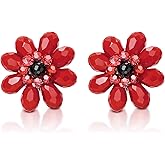 AeraVida Handmade Crystal Flower Clip-On Earrings for Women | 31mm Beaded Cluster Earrings in Red, Yellow or Purple | Trendy Floral Paddle Back Earrings for Summer Fashion or Elegant No Piercing Jewelry