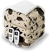 blunique Cow Print Electric Heated Blanket Queen-Dual Control Heating Blanket Queen Size with 10 Heat Levels & 10 Hours Auto-Off, Cozy Soft Fleece Sherpa, Washable, 84x90 Inche Cow Print Light Brown