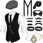 Foaincore 1920s Mens Costume Accessories Set Roaring 20s Costume, Vest, Vintage Pocket Watch, Pre Tied Bow Tie