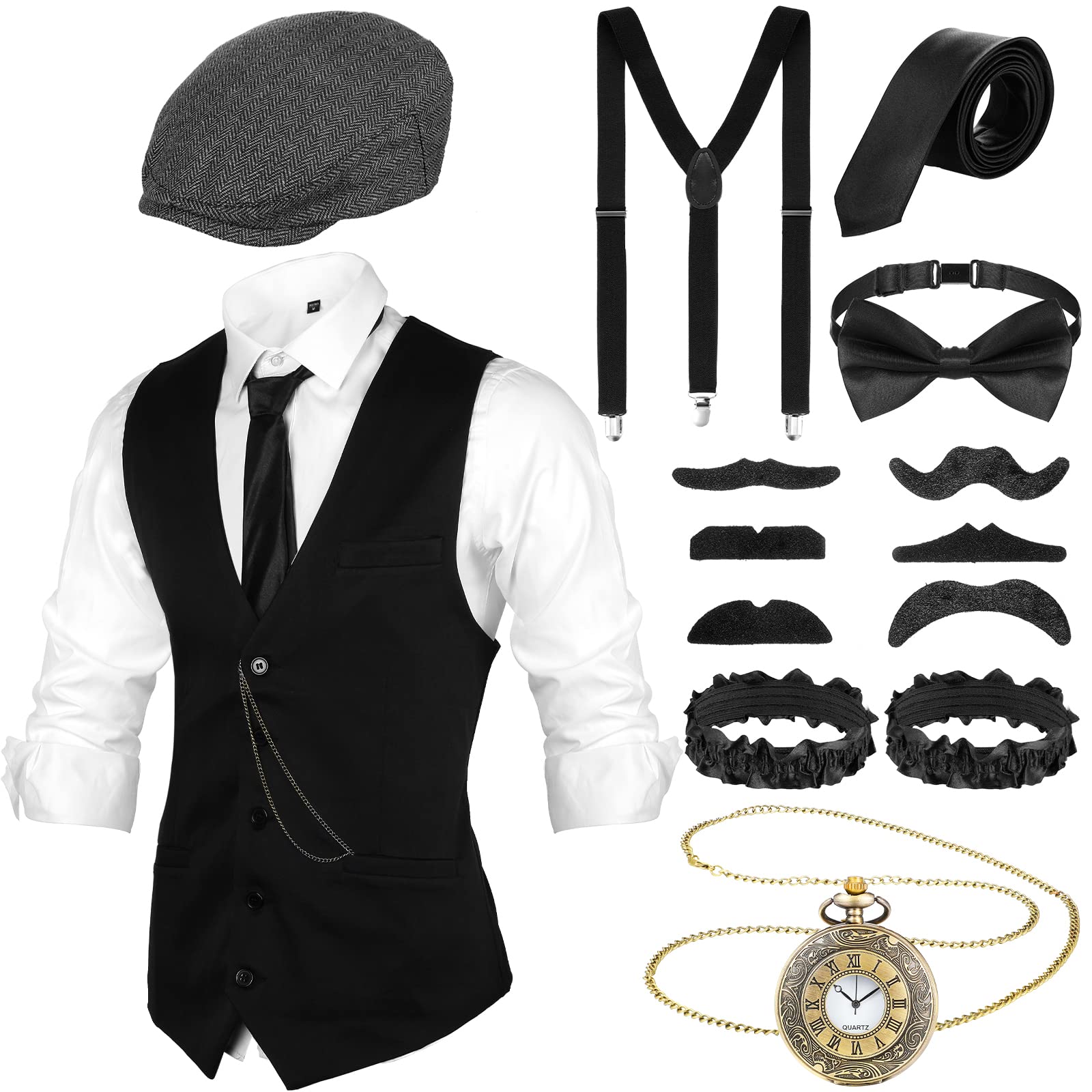 Blulu 1920s Mens Gangster Costume Accessories Set - Vest, Newsboy Hat, Pocket Watch, Tie (Medium)