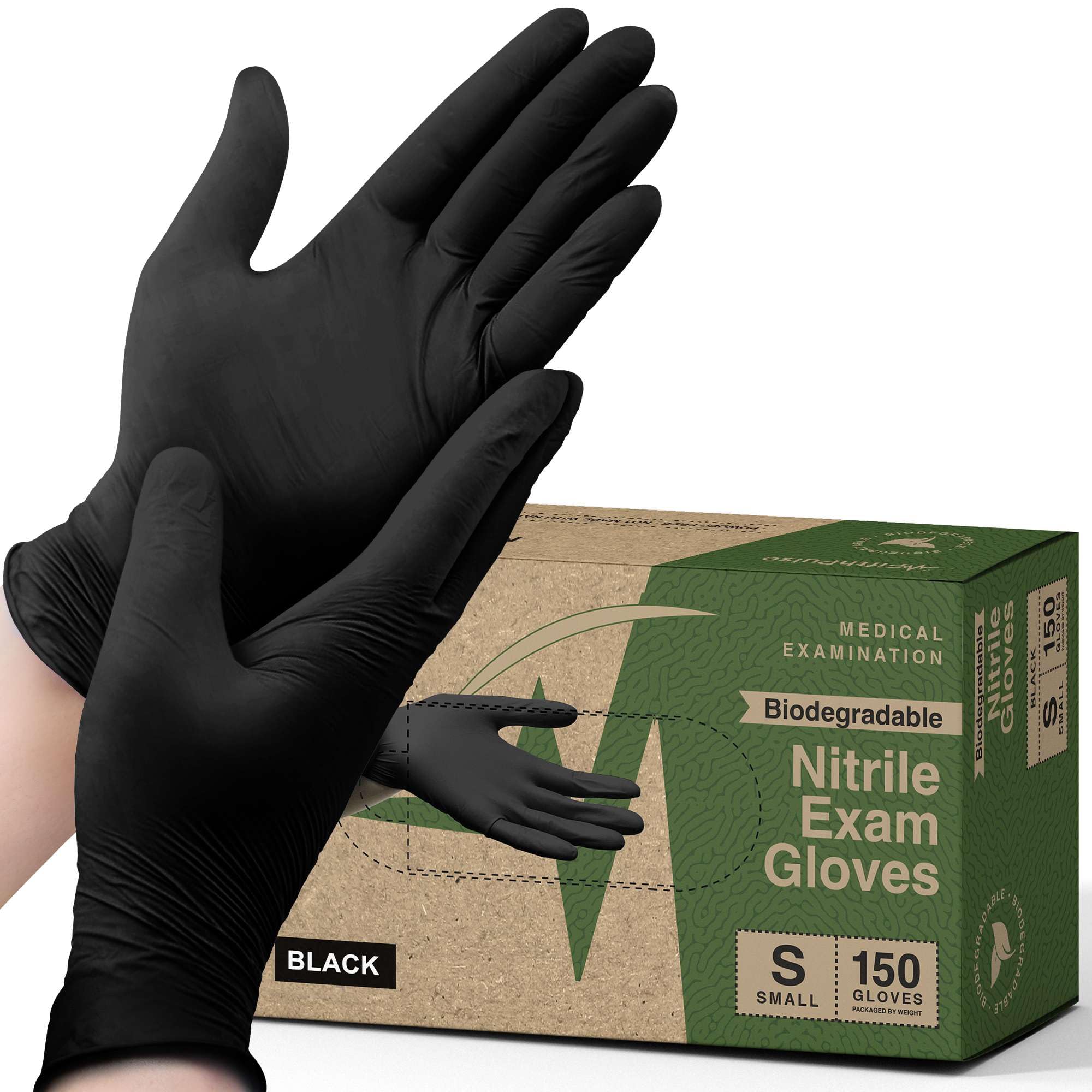 Photo 1 of FifthPulse [150 Count] X Small Biodegradable Gloves - Black Nitrile Disposable Gloves - Medical Exam and Food Safe - Powder and Latex Free with Textured Fingertips