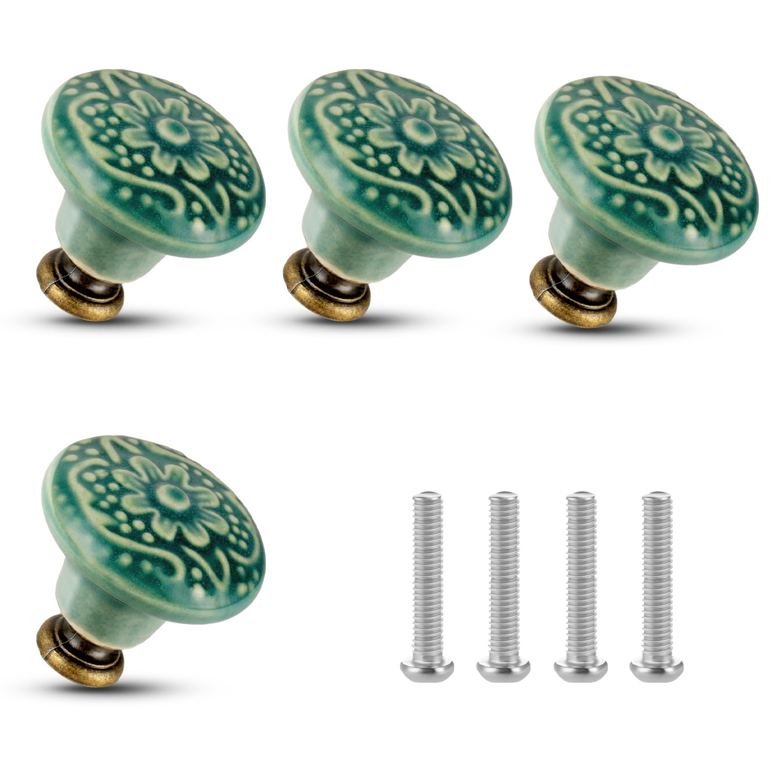ASTER 4 Pcs Vintage Flower Cabinet Knobs, Decorative Furniture Knobs with Mounting Screws for Cupboard Drawer Closet Door, Diameter 1.4 inch (Green)