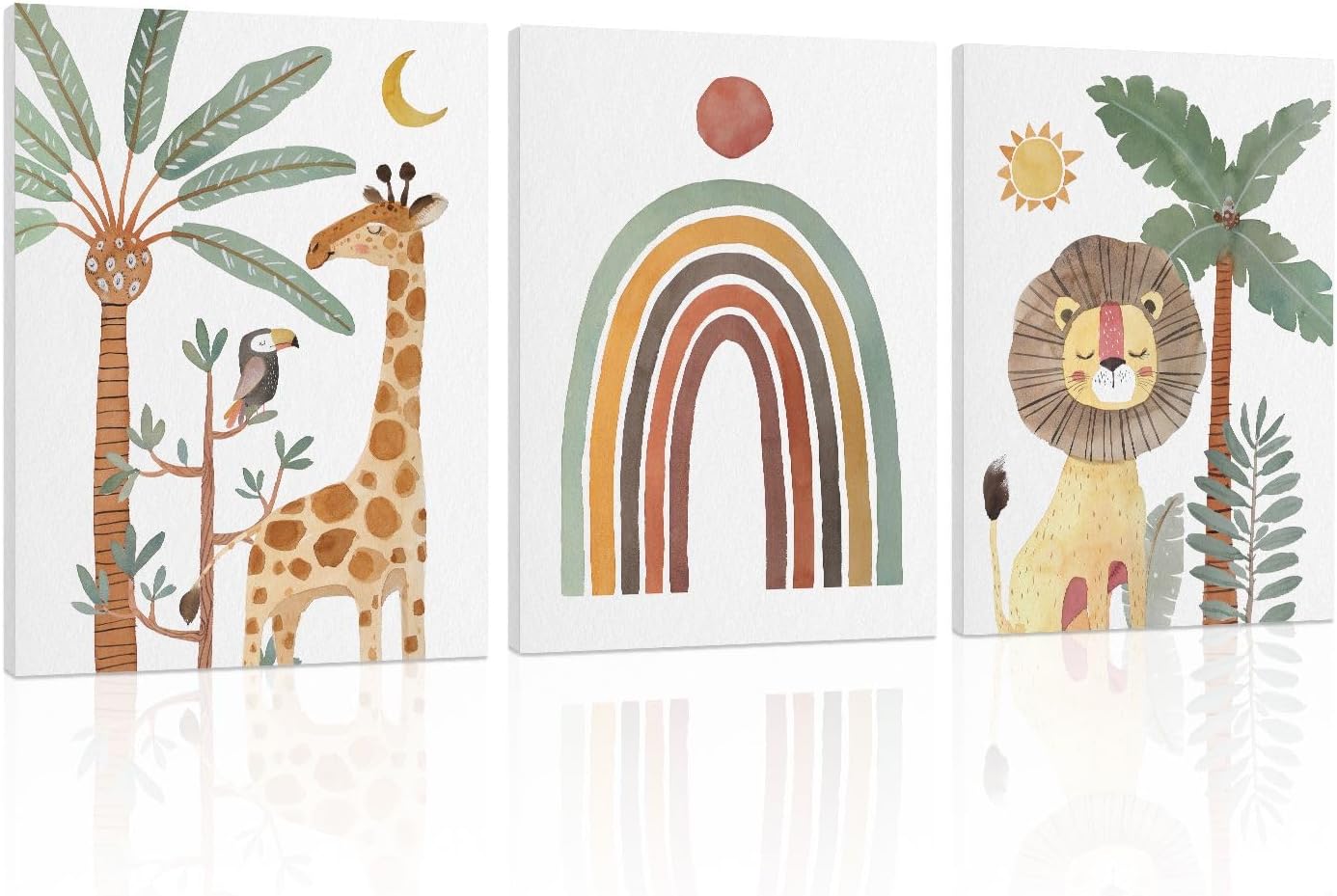 Mixed Media - Boho Animal Nursery Wall Art: Safari Animal Prints for Kids' Room, Baby Nursery Decor for Boy Girl, 3 Pieces Giraffe Lion Parrot Rainbow Picture Bedroom Decoration 12