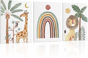 HLJ ART Boho Animal Nursery Wall Art: Safari Animal Prints for Kids' Room, Baby Nursery Decor for Boy Girl, 3 Pieces Giraffe Lion Parrot Rainbow Picture Bedroom Decoration 12" x 16"
