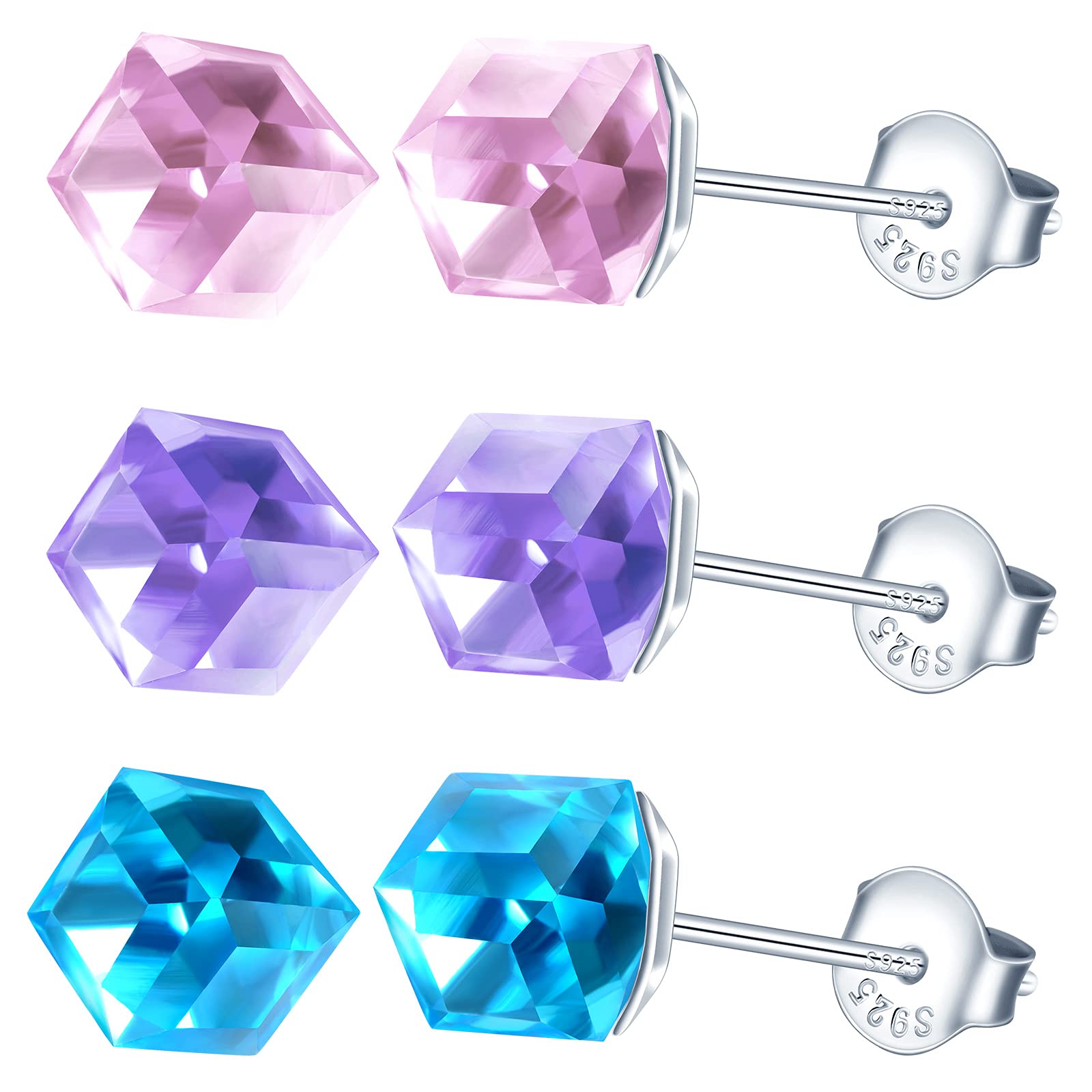 MicVivien 3 Pairs Pink/Blue/Purple Crystal Cube Stud Earrings S925 Sterling Silver Earrings for Women Girls