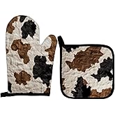 Qeheb Vintage Brown Cow Print Oven Mitts and Pot Holders Sets, Cow Gifts Country Western Cowhide Over Mittens for Kitchen Decor Potholders & Oven Mitts