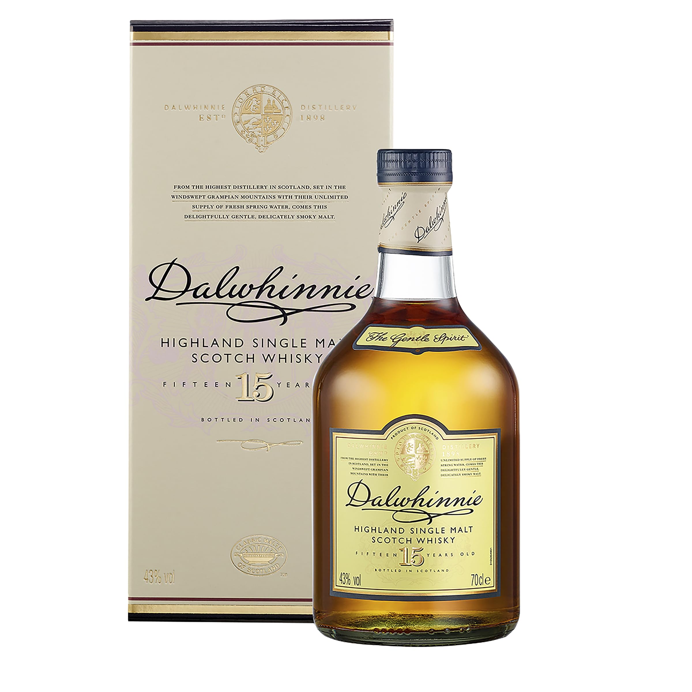 Dalwhinnie 15 Year Old Single Malt Scotch Whisky | 43% vol | 70cl | Scottish Highlands | Smooth & Aromatic | Malty Sweet Flavours & Smoky Warmth | with Gift Box