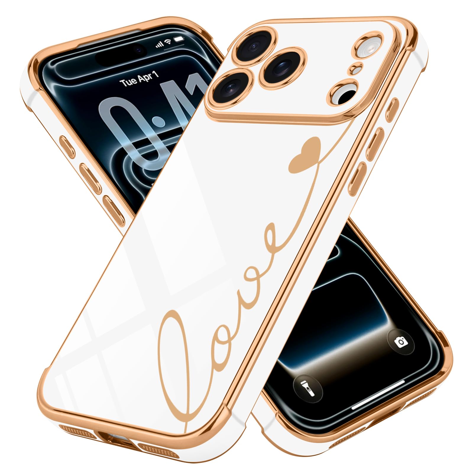 LCHULLE Compatible with iPhone 17 Pro Case for Women Girls, Cute Luxury Plating Love Heart Design Soft TPU Cover Shockproof Full Camera Lens Protection Phone Case for iPhone 17 Pro, White