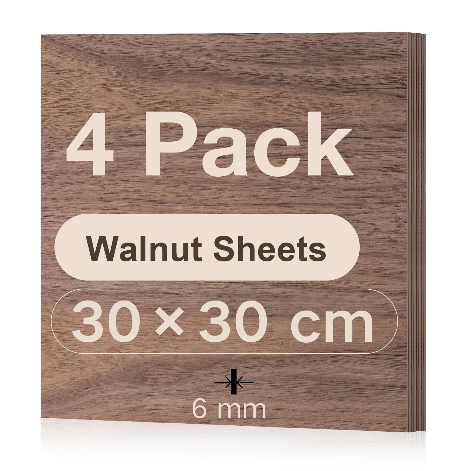 ROBOTIME 6mm Walnut Plywood Sheets Cut to Size 30×30 CM 4 Pack Wood Burning Model Making Laser Ply Material, Thin Wood Sheets for Craft Projects