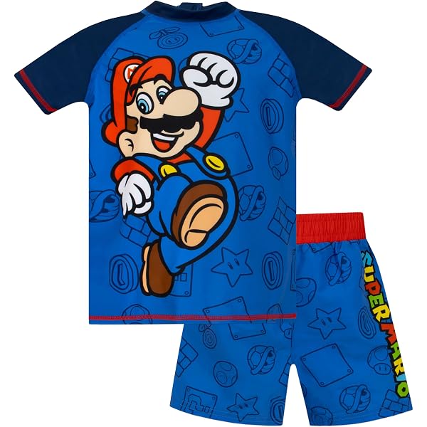 Maillot De Bain 2 Pièces Garçon Super Mario UV50+ - Haut Manches Courtes & Shorts - Licence Officielle